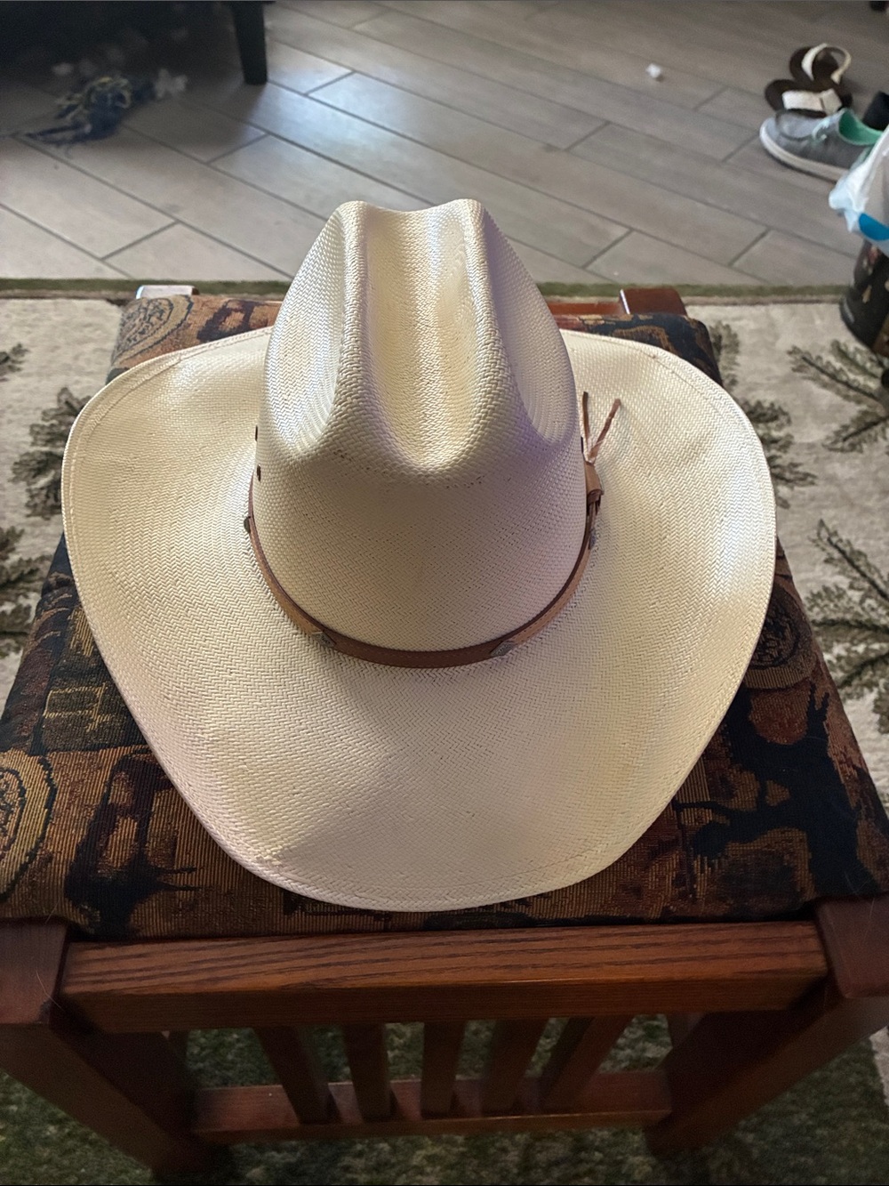 Stetson White Straw Cowboy Hat with Brown Trim